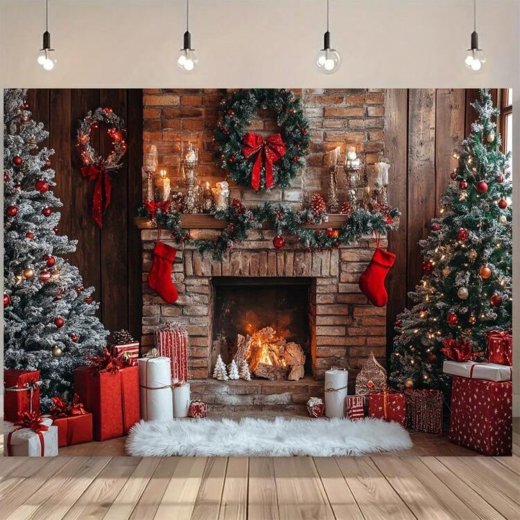 1 Enchanting Christmas Photo Background - Festive Fireplace And Decorations With Red Socks, Flower Garlands, And Candles - Perfect For Family, Party, And Event Photography - Five Sizes To Choose Fro