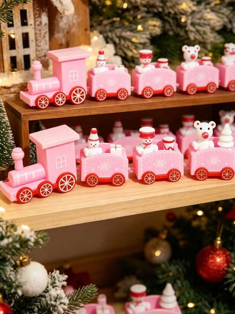 1 Set Pink 4-Section Christmas Plastic Train Set, Merry Christmas Decoration, Christmas Party Supplies, Christmas Party Decor, Christmas Gift For Family And Friends, Christmas Cabinet Decor, Christm