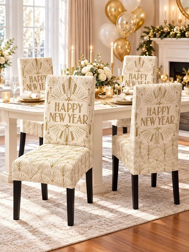 1/2/4/6pcs Ivory & Gold New Year Dining Chair Covers, Happy New Year Lettering & Art Deco Geometric Print, Elegant Party Decor, Soft Stretch Full Coverage Chair Slipcovers, Removable Covers For New
