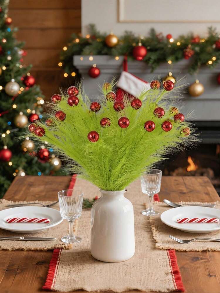12/6pcs/1pc-Christmas Decoration Fluorescent Green Christmas Tree  Decorative Branches With Red Balls, Christmas Tree Decor, Christmas Party  Supplies, Artificial Green Branches, Suitable For Christma