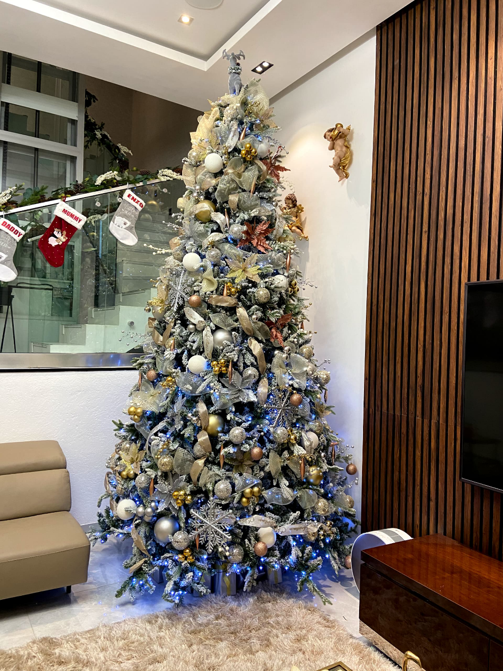 12ft Frosted Christmas tree with gold, silver, white and touch of red  ornaments – The Gift & Christmas Company