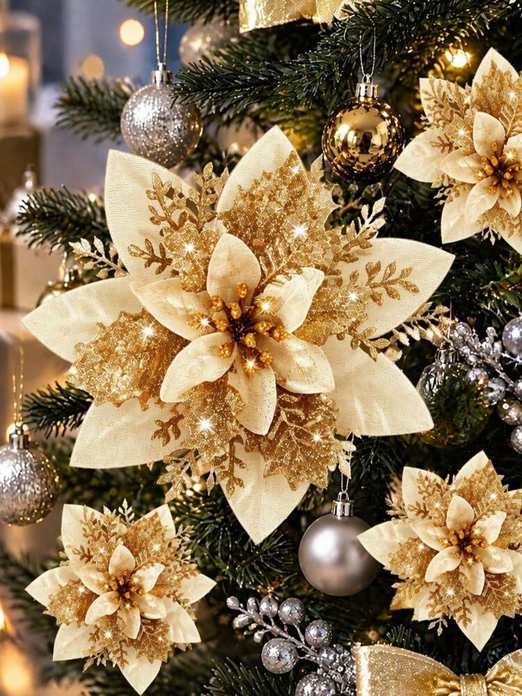 12Pcs Champagne Color Poinsettia Ornaments, Artificial Christmas Flowers,  Glitter Poinsettia Decorations, Bulk Christmas Tree Ornaments, Shatterproof  Holiday Decor, Xmas Wreath Embellishments, ...