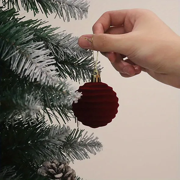 12pcs Velvet Christmas Ornaments Red Flocked Balls with Golden Ribbons Perfect for Holiday Tree Decorations Christmas