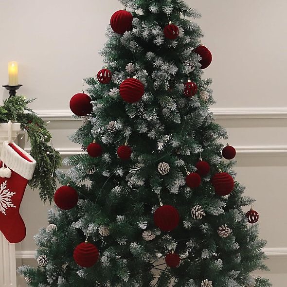 12pcs Velvet Christmas Ornaments Red Flocked Balls with Golden Ribbons  Perfect for Holiday Tree Decorations Christmas