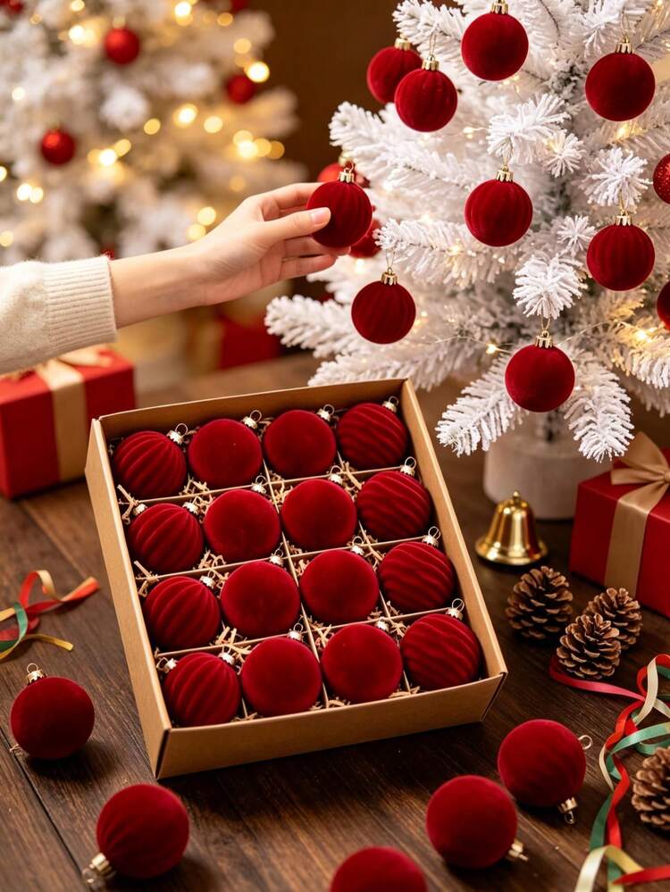 12pcs/Set Burgundy Flocked Christmas Balls, Christmas Tree Decoration, Christmas Balls, Christmas Party Decoration, Home Christmas Decoration, Christmas Stocking Fillers, Christmas Ornaments, Christ