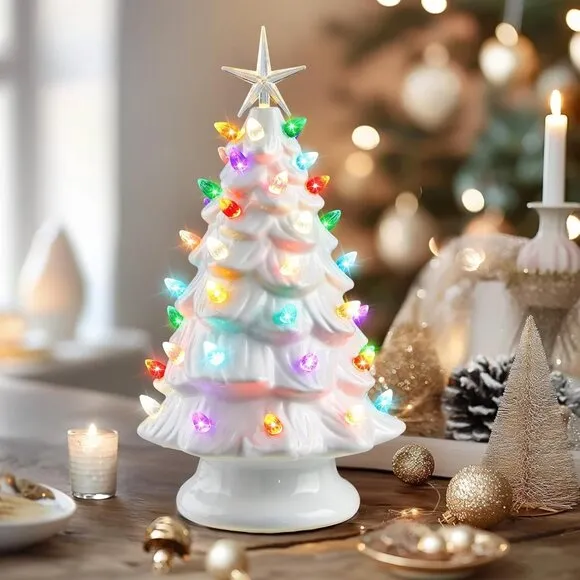 13 Inch Ceramic Christmas Tree Pre-lit Tabletop Christmas Tree Multicolor  Lights