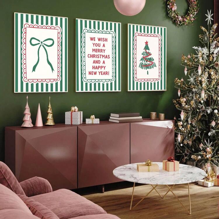 1/3pcs Set Framed/Unframed Whimsical Christmas Tree Holiday Quote Bow Canvas  Poster Cute Green Striped Minimalist Xmas Festival Preppy Wall Art Print  Nordic Aesthetic Decor Painting For Apartment,Li