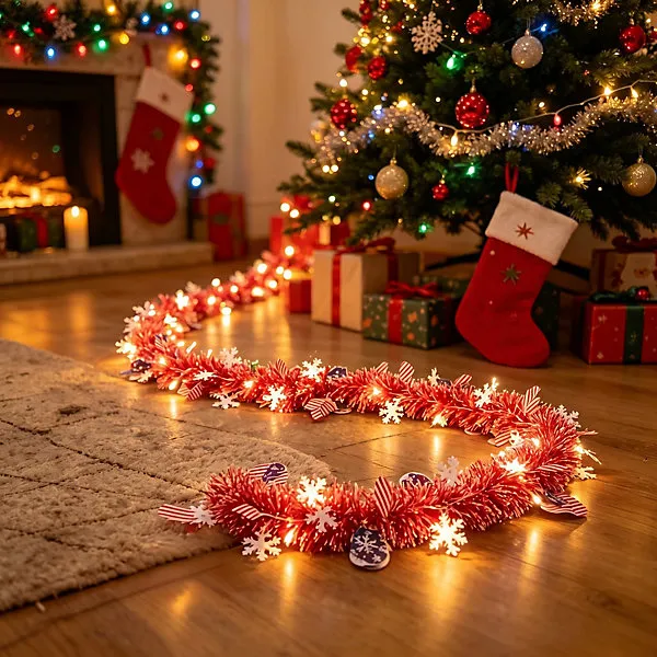 18FT Christmas Tinsel LED Garland,Red Snowflake Twisted Metallic Hanging Garland for Christmas Tree Fireplace Home Decoration