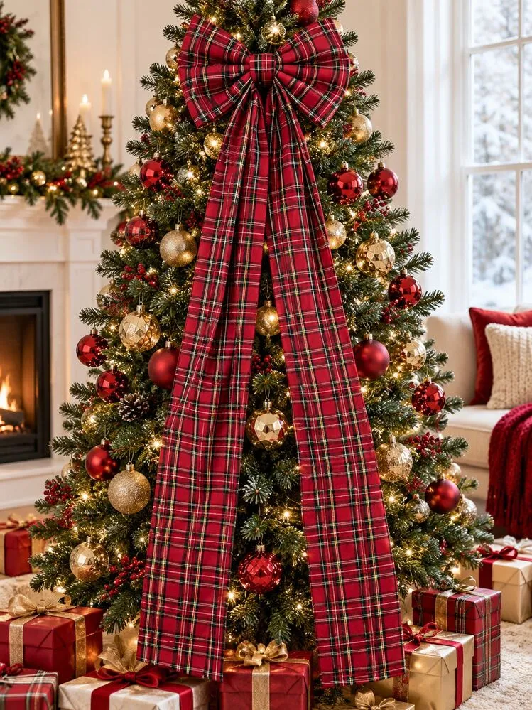 1pc - 180cm Extra Large Red & Green Plaid Christmas Bow, Long Ribbon Scottish Tartan Christmas Tree Top Decoration, Suitable For Wreaths, Front Door, Fireplace, Stairs, Christmas Party Backdrop And