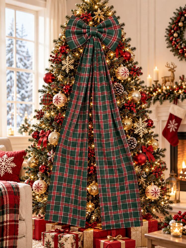 1pc 180cm Extra Large Red & Green Plaid Christmas Bow, Long Ribbon Scottish Tartan Christmas Tree Top Decoration, Suitable For Wreaths, Front Door, Fireplace, Stairs, Christmas Party Backdrop And ..