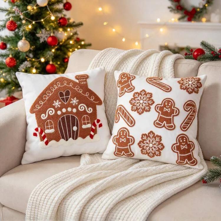 1pc Christmas Embroidered Pillow Case, Gingerbread House & Gingerbread Man Snowflake Candy Cane Embroidery Cushion Cover, Christmas Decor Pillowcase, Suitable For Sofa Bedroom Holiday Home Decor, Pi