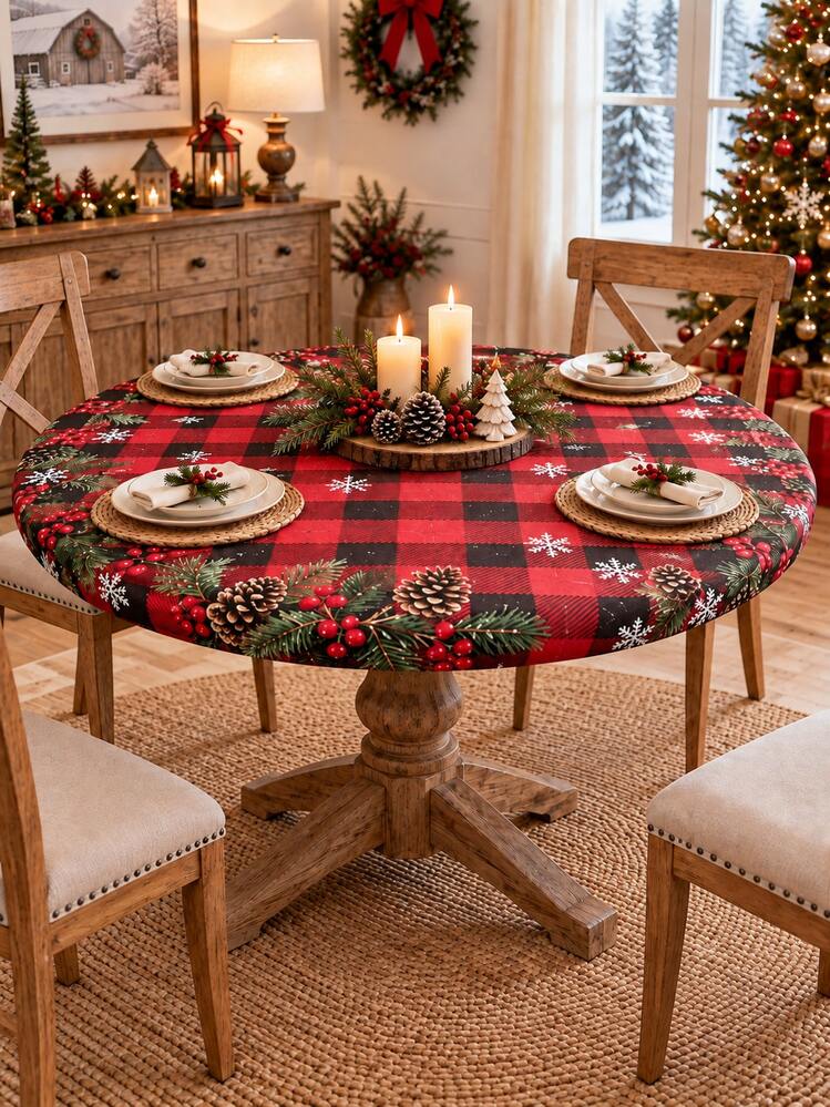 1pc Christmas Round Tablecloth, Red Black Buffalo Plaid Snowflake Pinecone Berry Print Dining Table Cover For Kitchen Dining Room Party, Festive Holiday Table Decor, Home Decor, Room Decor, Christma