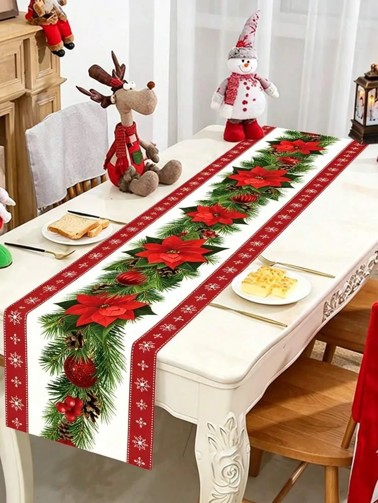 1pc Christmas Table Runner, Red And Black Plaid Santa Claus Pattern Tablecloth, Christmas Tree And Snowman