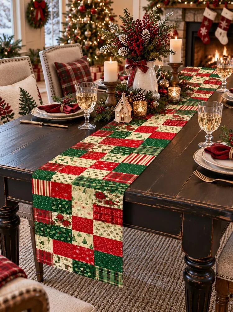 1pc Christmas Table Runner, Red & Green Plaid Patchwork Christmas Tree & Holly Print, American Country Holiday Tabletop Decor, Dining Room Kitchen Dinner Winter Decoration | SHEIN