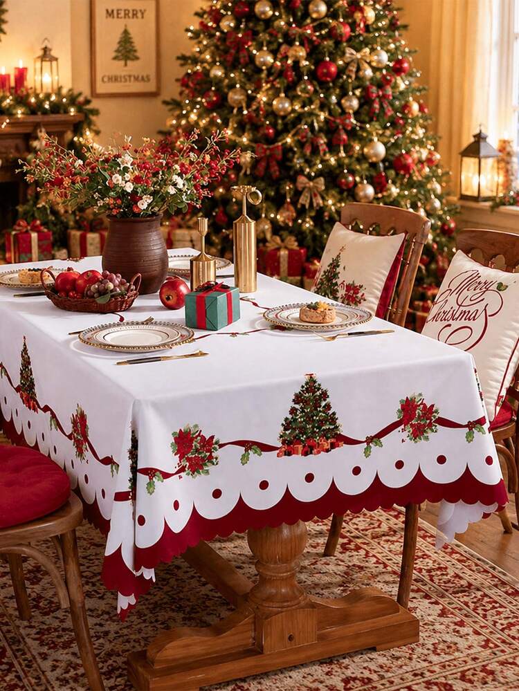 1pc Christmas Tablecloth, Red & White Holly Berry Floral Rectangular Table Cover With Scalloped Edge, Festive Holiday Dining Tablecloth For Christmas Party, Kitchen, Dining Room & Home Decor | SHEIN