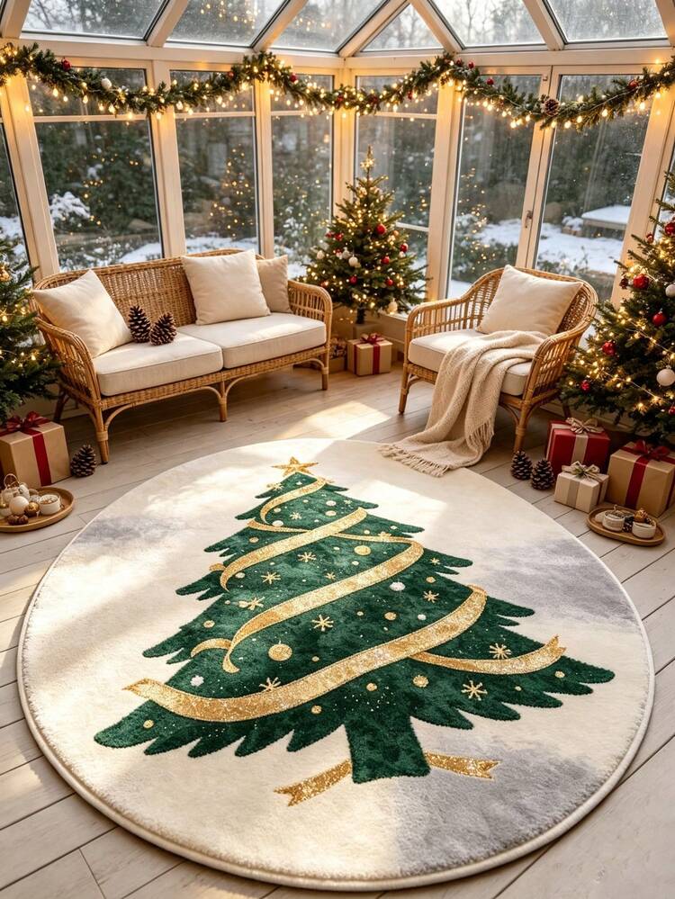 1pc Christmas Tree Snowflake Round Rug, Holiday Winter Design, Elegant  Minimalist Style, Suitable For Living Room
