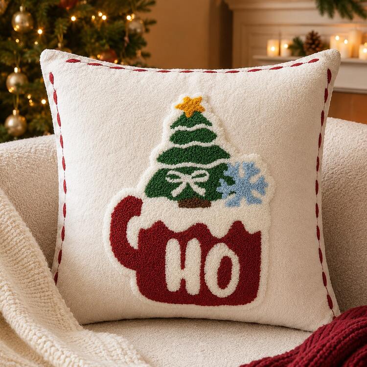 1pc Christmas Tufted Embroidery Pillow Case, 18x18 Inch Soft Plush HO HO HO Reindeer Holiday Cushion Cover, Festive Winter Home Decor, Suitable For Sofa Bed, Hidden Zipper, Without Insert | SHEIN Si