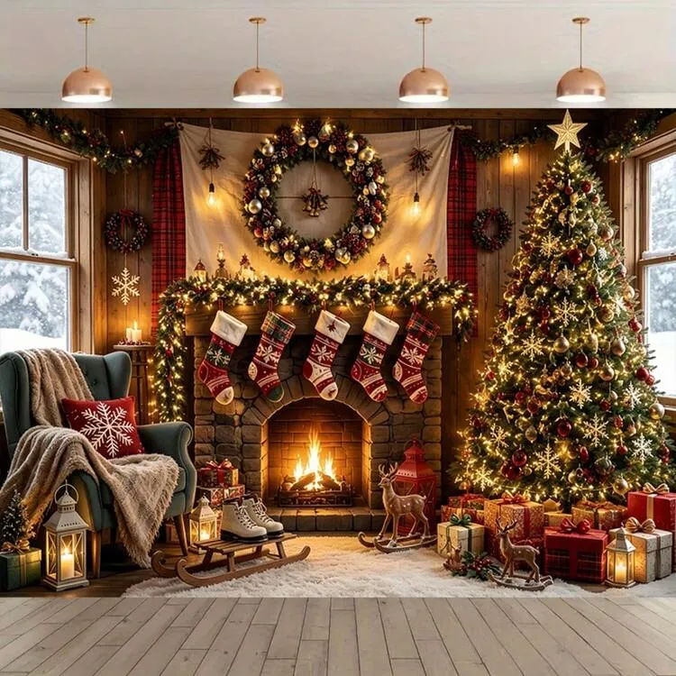 1pc Cozy Wooden House Fireplace Christmas Theme Banner, Polyester Material,  Suitable For Christmas Party, Holiday Gathering, Door/Porch, Birthday,  Winter Event, Indoor & Outdoor Use, Photography ...