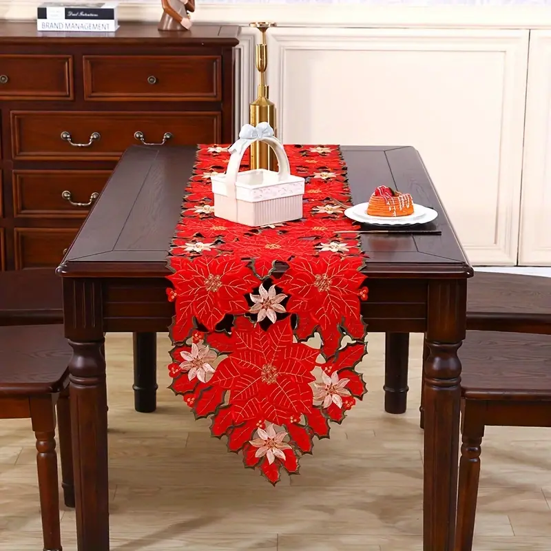1pc Handcrafted Embroidered Christmas Table Runner – Elegant Red and Cream Poinsettia Design, Polyester Rectangular Table Decor for Holiday Parties, Dining Room Display, and Festive * Christmas Tabl