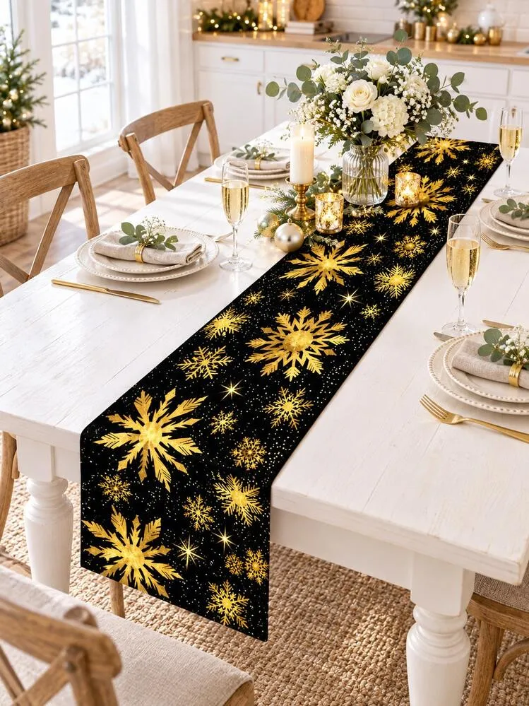 1pc-Happy New Year Table Runner, Black Background Golden Snowflake Star  Print Table Decor, Winter Holiday Tabletop Decoration For New Year Dinner  Party Home Kitchen | SHEIN