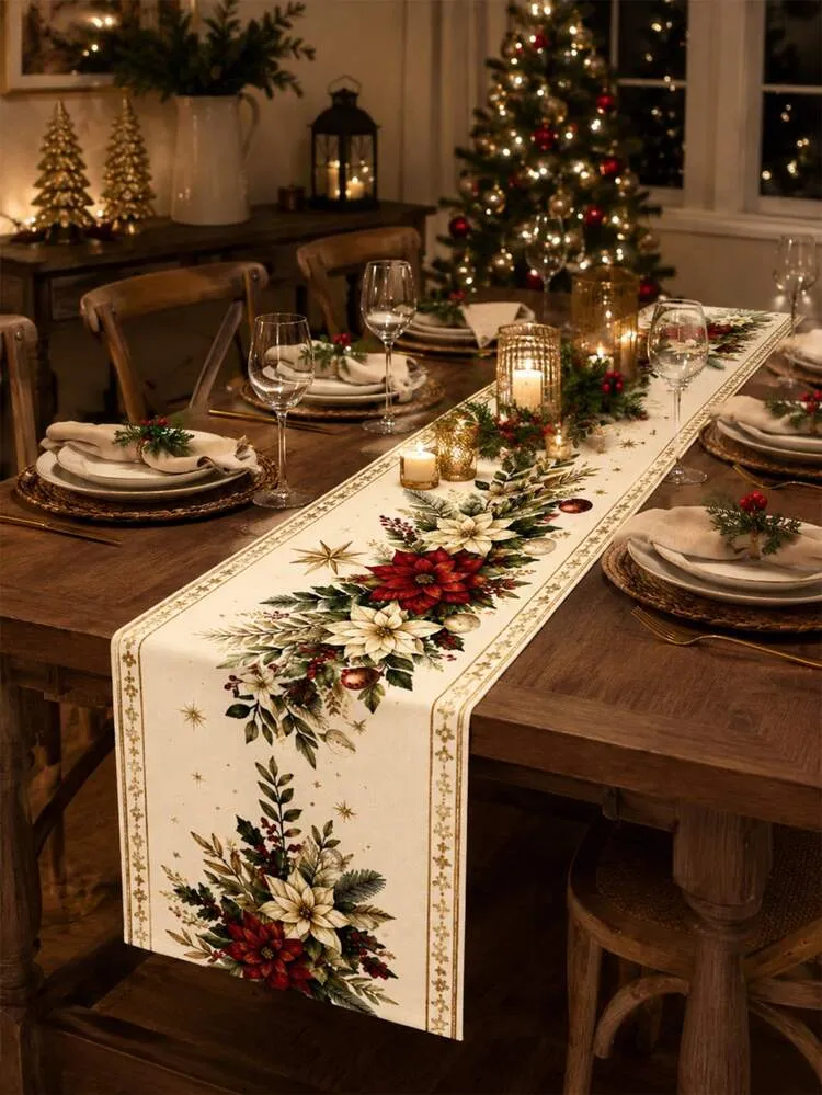 1pc Minimalist Gold Trim Table Runner, Vintage Luxury Linen Rectangular  Placemat, Beige Base With Christmas Red Floral & Star Pattern Holiday  Decor, Christmas New Year Kitchen Tabletop Protector, Wi