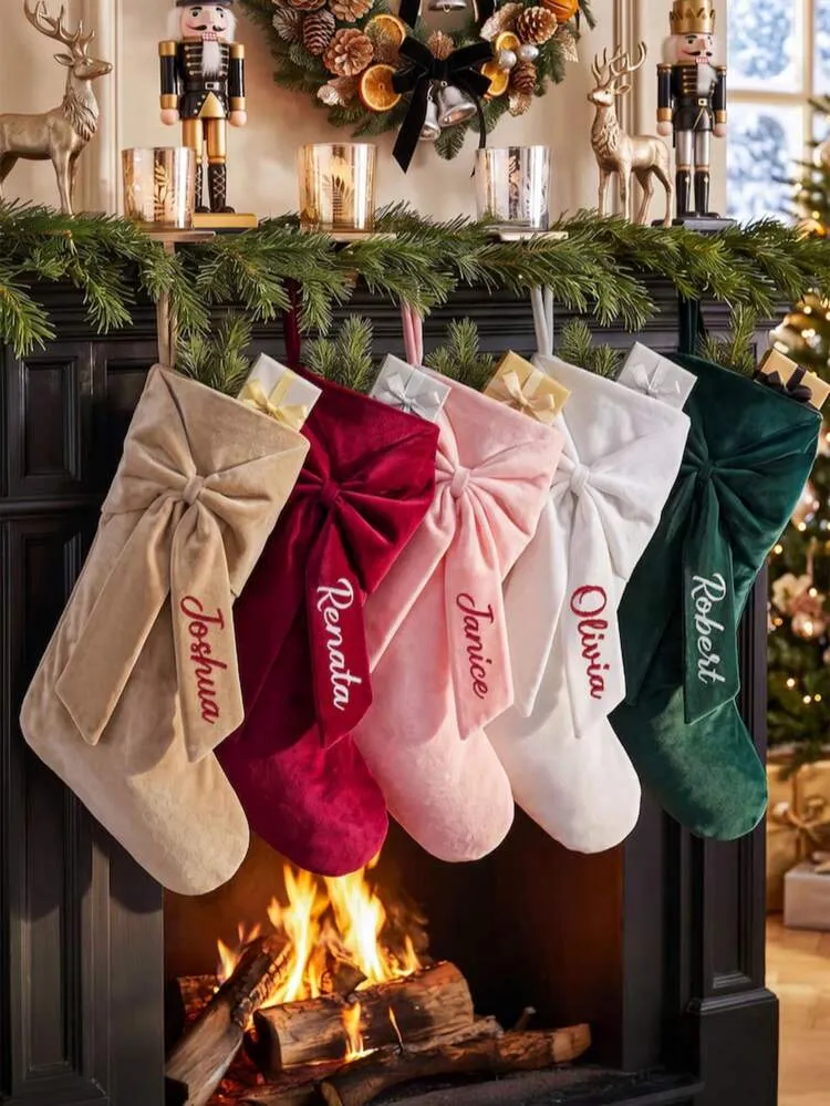 1pc Personalized Bow Christmas Stocking, Customizable Name, 2026  Embroidered Velvet Christmas Stocking, Christmas Gift, Home Decor | SHEIN  EUR