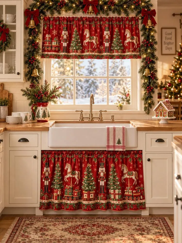 1pc-Red Christmas Valance & Sink Cabinet Curtain Set, Classic Nutcracker Rocking Horse Christmas Tree Gift Train Printed Kitchen Short Curtain, Farmhouse Winter Holiday Window Treatment, Xmas Party
