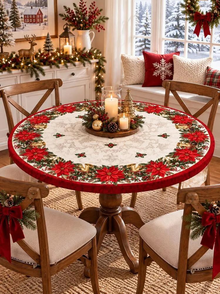 1pc Red Poinsettia Floral Christmas Stretch Tablecloth, Elegant Farmhouse  Milk Silk Round & Rectangular Fitted Table Cover With Elastic Edge, Smooth  Wrinkle-Resistant Table Protector For Christmas D