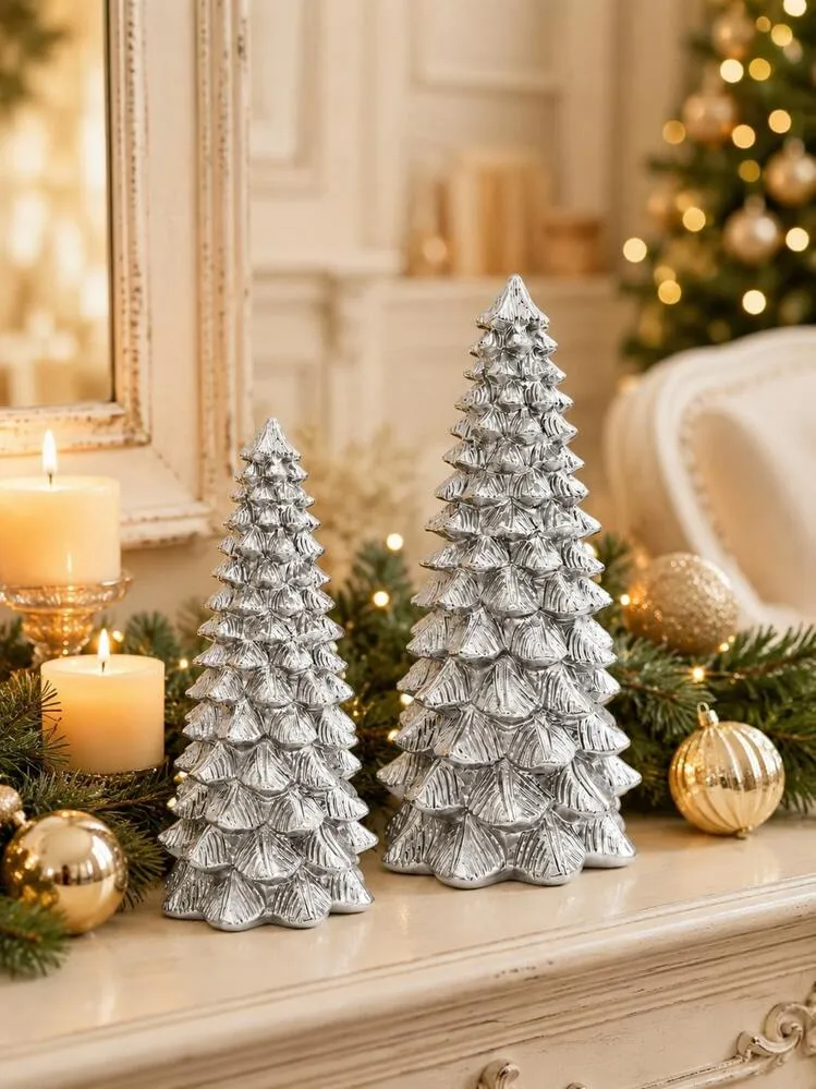 1pc Set Silver Christmas Tree Figurines, 11cm & 14cm Mini Tabletop  Christmas Decorations, Shiny Layered Xmas Tree Ornaments, Holiday Home Decor  For Mantel Shelf Fireplace Coffee Table, Christmas Cen