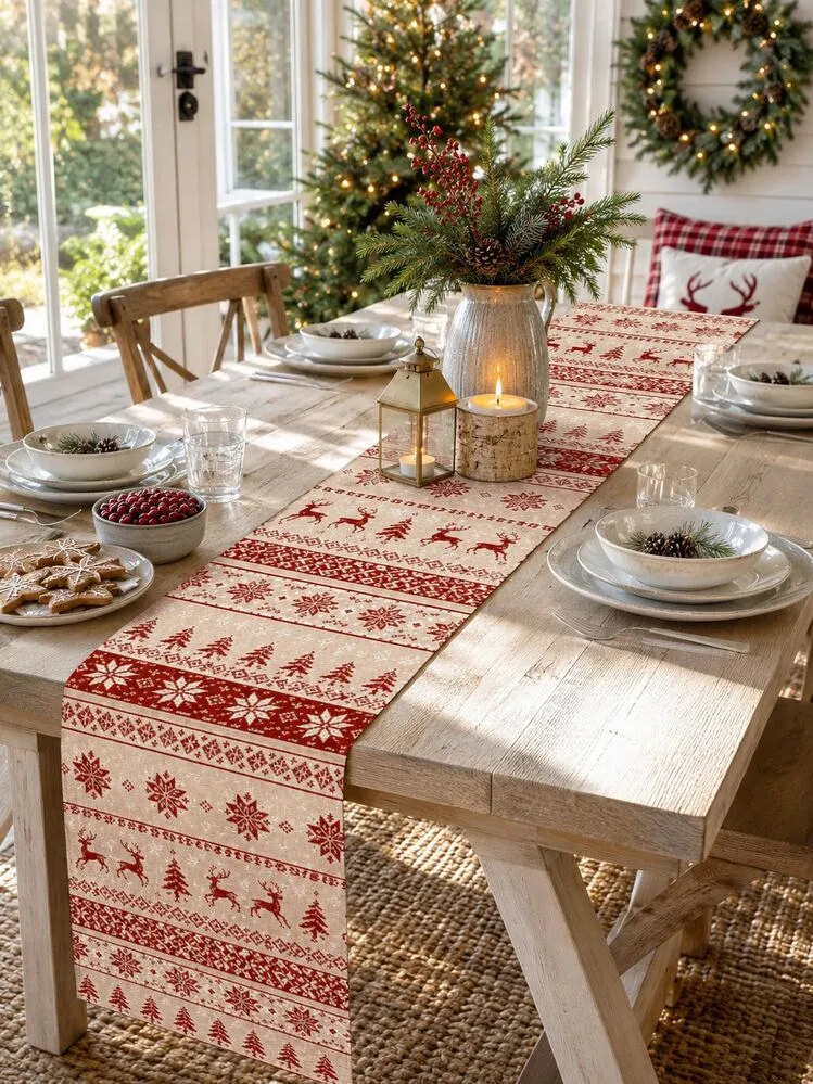 1pc Vintage Fair Isle Table Runner, Christmas Reindeer Snowflake Pine Tree  Striped Print Table Runner, Country Style Holiday Decor, Suitable For Daily  Home Dining, Coffee Bar, Country Style Living R