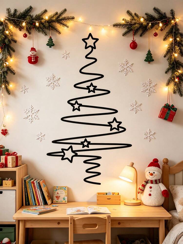 1set-Metal Christmas Tree Wall Decor, Minimalist Line Art Christmas Wall  Hanging With Stars, Black Iron Christmas Tree Wall Decor, Christmas  Decoration, Suitable For Indoor And Outdoor Decoration, H