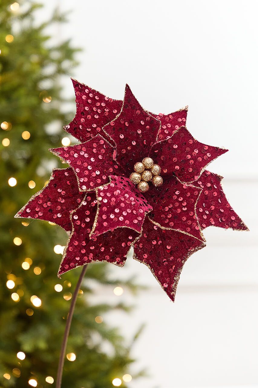 20' Burgundy Sequin Poinsettia Stem - Decorator's Warehouse