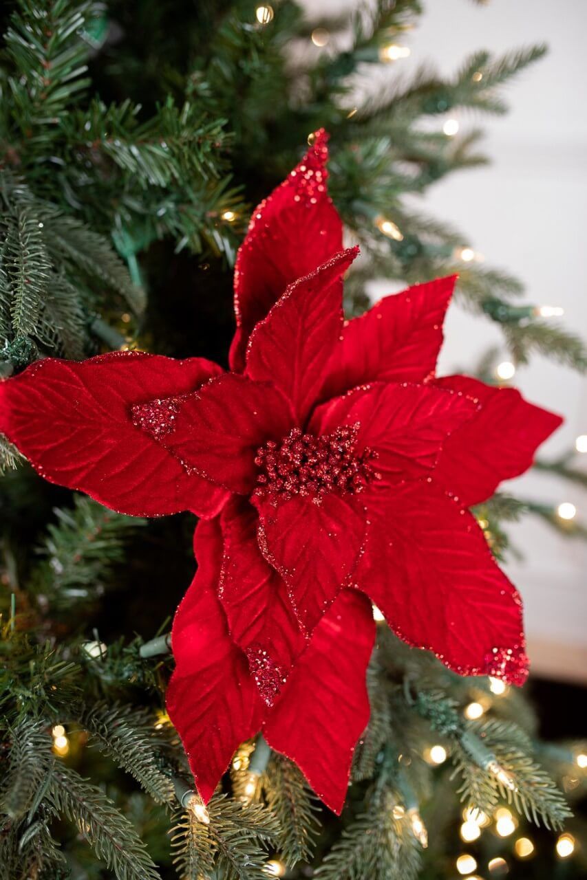 22” Velvet Glitter Poinsettia Stem - Red - Decorator's Warehouse