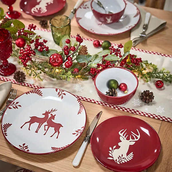24 Piece Red Plates and Bowls Reindeer Christmas Dinner Set 8 Person Christmas Crockery Set