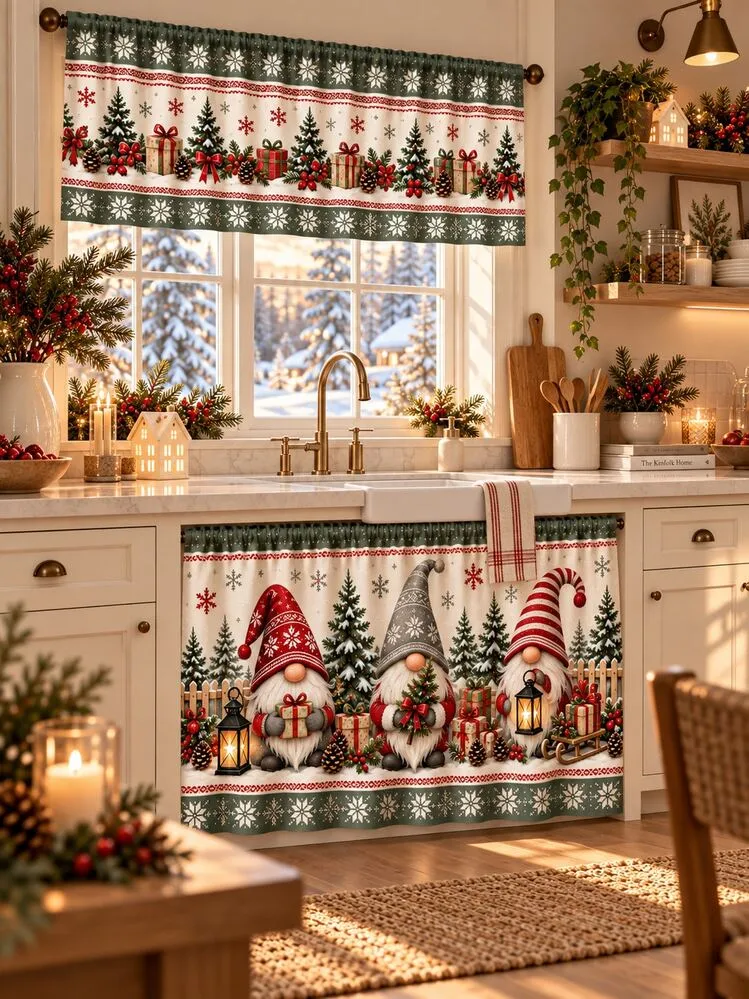 2pcs Christmas Gnome Kitchen Curtain Set, Red Gray Gnome Gift Pine Tree Snowflake Print, Window Valance & Cabinet Curtain, Rustic Kitchen Decor, Holiday Home Decor, Christmas Decorations For Home |