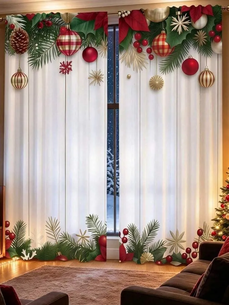 2pcs Merry Christmas Curtains, Christmas Snowman Christmas Tree Winter Snowflake Pattern Curtains, Christmas Home Decor, Christmas Bathroom Curtains, Christmas Banners, Christmas Photography Props,