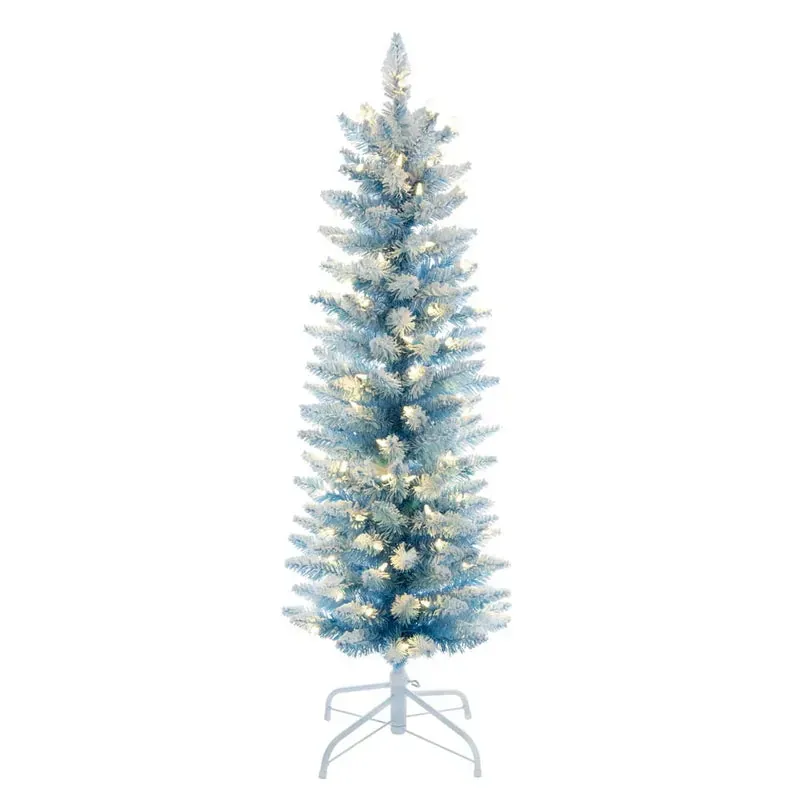 3'Hx16'W Flocked Fir Artificial Christmas Tree, LED Pre-Lit -Baby Blue/White