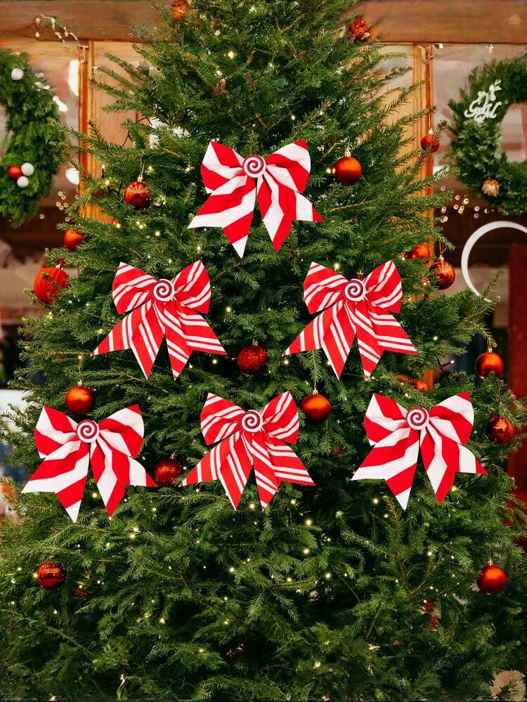 3pcs Christmas Bow Christmas Tree Pendant Bow Red & White Striped Candy Bow Window Display, Suitable For Christmas Tree, Wreath, Window, Candy Color Bow Home Decor, Christmas Decoration, Room Decor,
