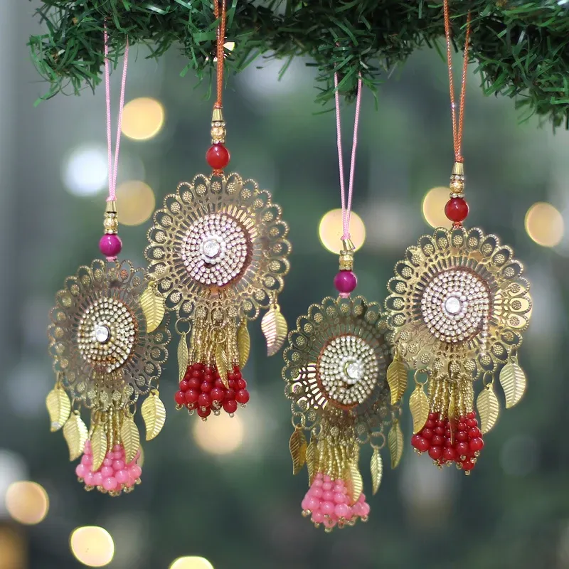 4 Iron Beaded Christmas Ornaments with Jali Openwork Accents