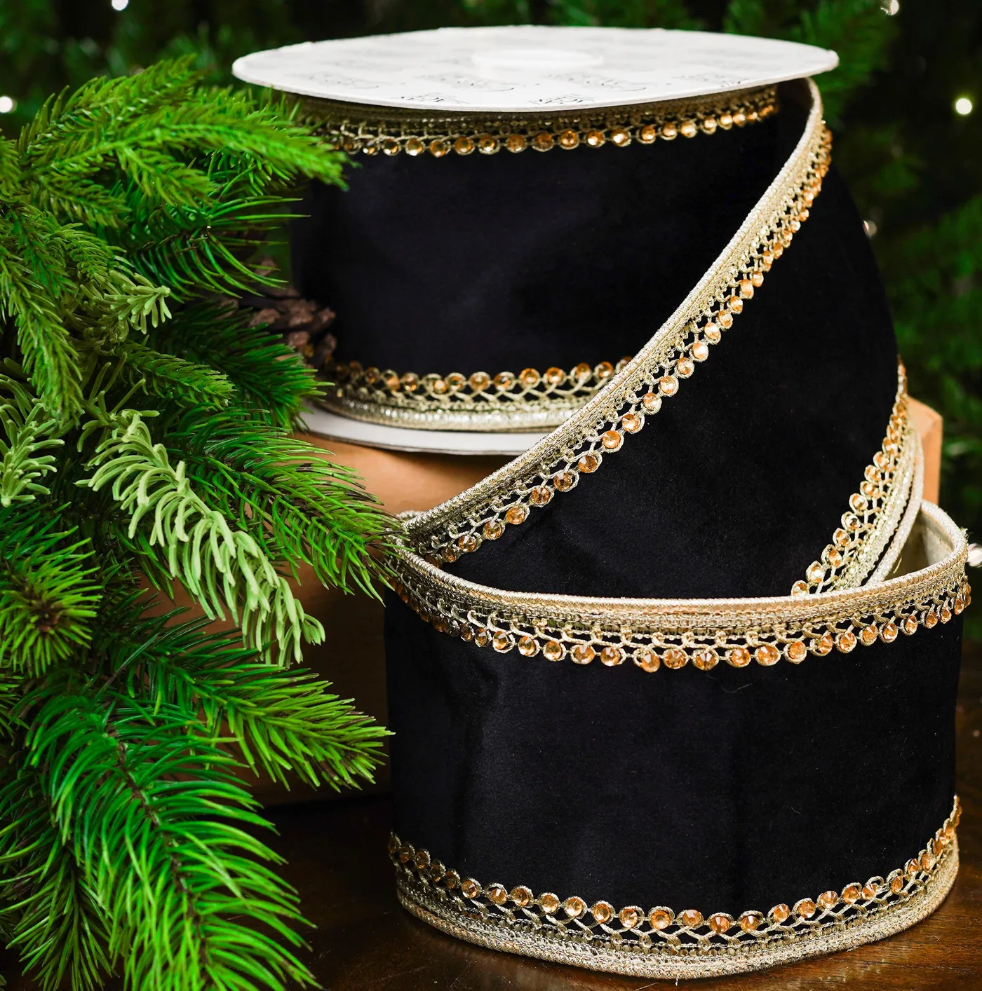 4' X 10YD Black Velvet Ribbon With Gold Trim