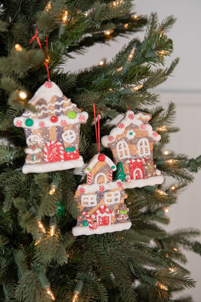 4.5” Clay Dough Holiday Gingerbread House Ornament 2 Round Windows/Gingerbread Man/Present