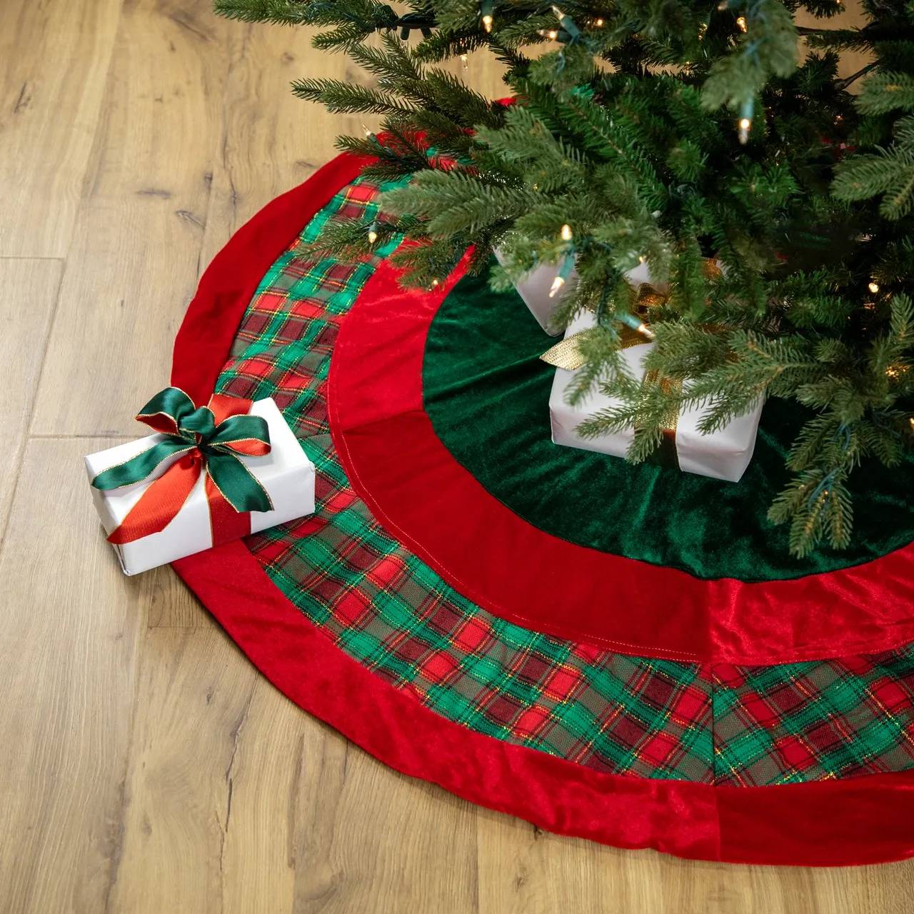 48' Red & Green Plaid Velveteen Christmas Tree Skirt | Christmas