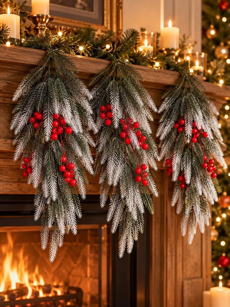 4pcs 70cm Artificial Christmas Cedar Berry Hanging Decor, Frosted Evergreen  Pine Branch With Red Berries, Realistic Winter Greenery For Front Door,  Fireplace Mantel, Stairs, Dining Table, Windows An