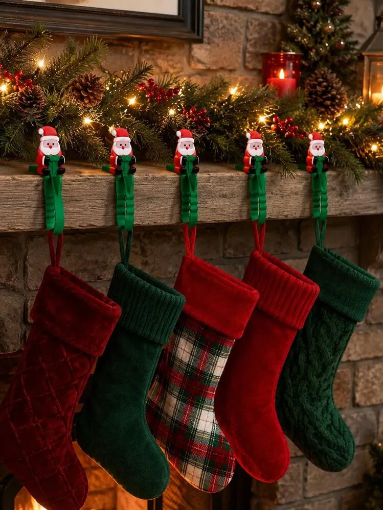 4pcs Christmas Stocking Hooks, Santa Claus Pattern, Green Flexible Hanging Ring Hooks, Suitable For Fireplace Mantel, Stair Railing, Window, Cabinet And Wreath, Reusable Holiday Sock Hooks For Decor