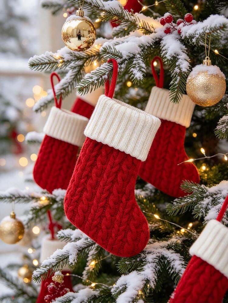 5/3/1pc Red Knitted Christmas Socks, Christmas Decorations, Suitable For  Christmas Party Decor, 2026 New Year Party Favors, Party Gift Bag Fillers,  Indoor Christmas Decor, Personalized Christmas Soc