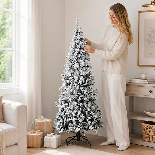 5ft Snow Flocked Artificial Christmas Tree with Hinged Branches, Realistic  Frosted PVC Christmas Tree with Metal