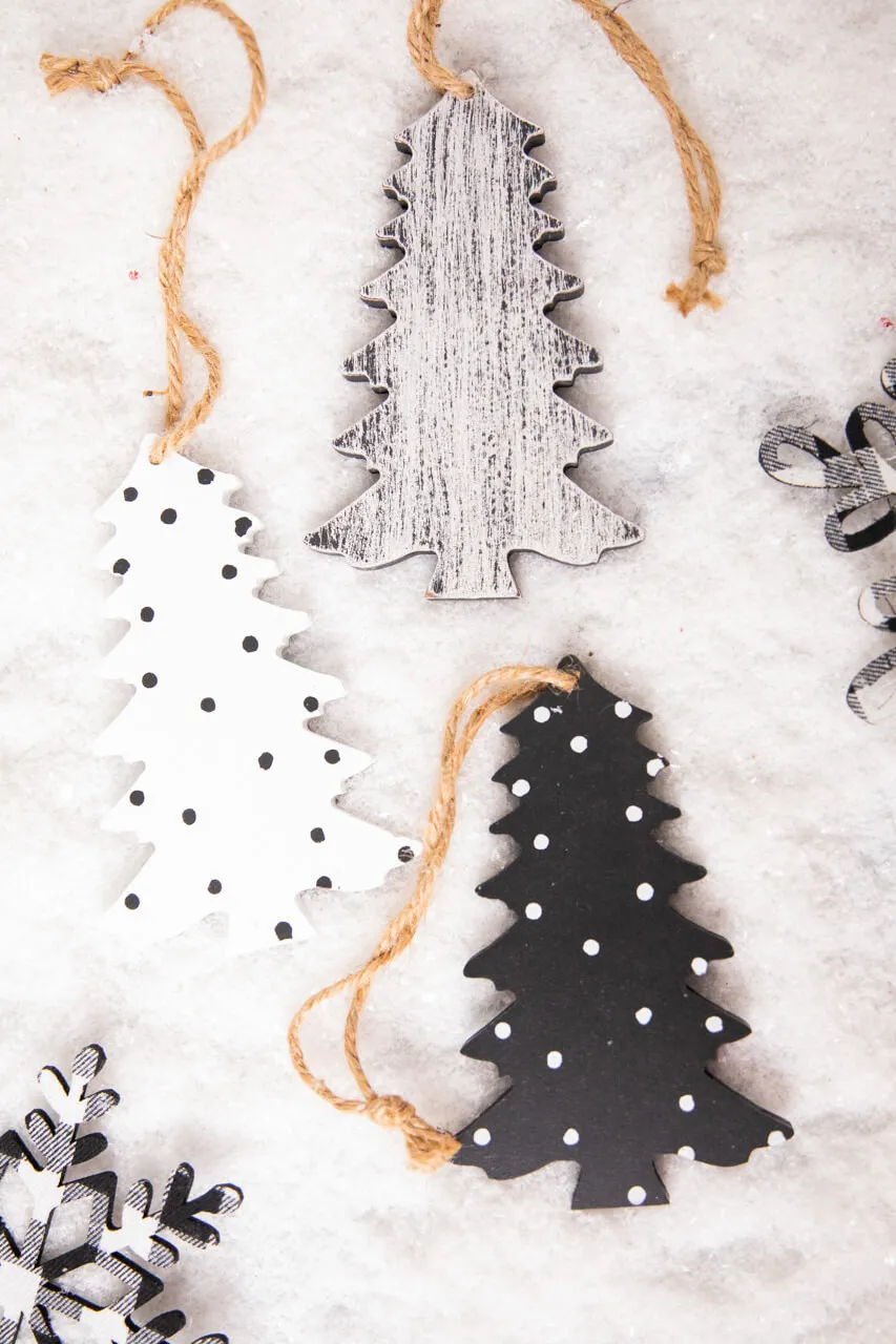 6” Wood Tree Christmas Ornament White with Black dots