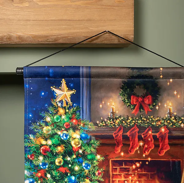 60 x 40cm Battery Operated Light up Fireplace and Tree Fabric Hanging Christmas  Banner