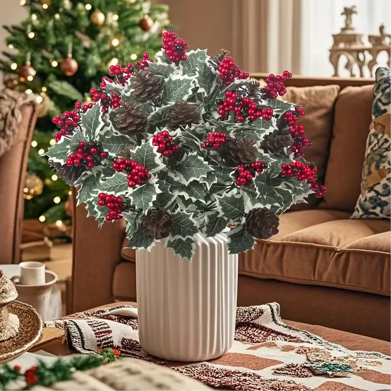 6pcs artificial christmas holly stems realistic red - Temu
