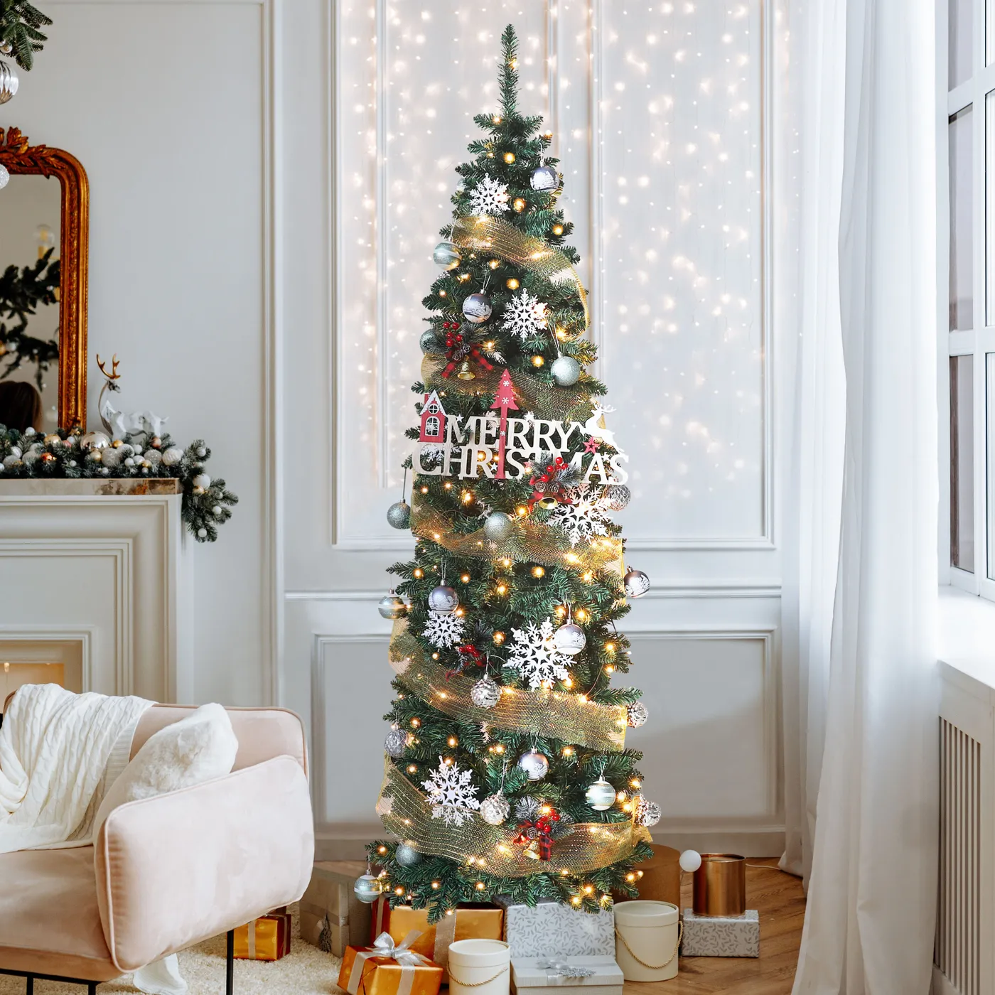7.5 ft. Pre-Lit Snowy Silver Hill Pine Tree with LED Lights, Plug 7.5 ft.  Pre-